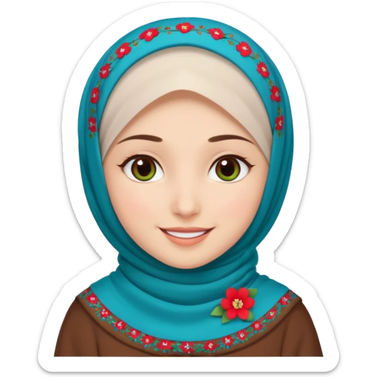 Turkish beautiful finish Konya girl brown eyes white skin with red blue green mini flowers hijab and brown islamic dress and smiles sticker