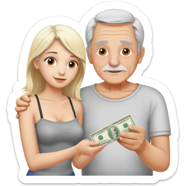 Kind elderly grandfather with gray hair giving money to a, pretty, tube top, blonde young woman who needs financial help,  sticker