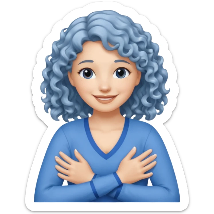 silver, wavy/curly hair chin-length lady giving hug with 2 arms, blue v-neck and smiling sticker