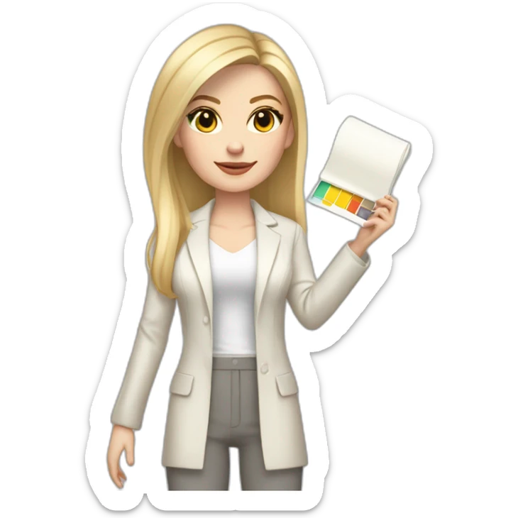 Full height pale skin woman with blonde Straightened Hair to shoulders, White classical jacket, Gray Palazzo pants holding a color palette in the hands sticker