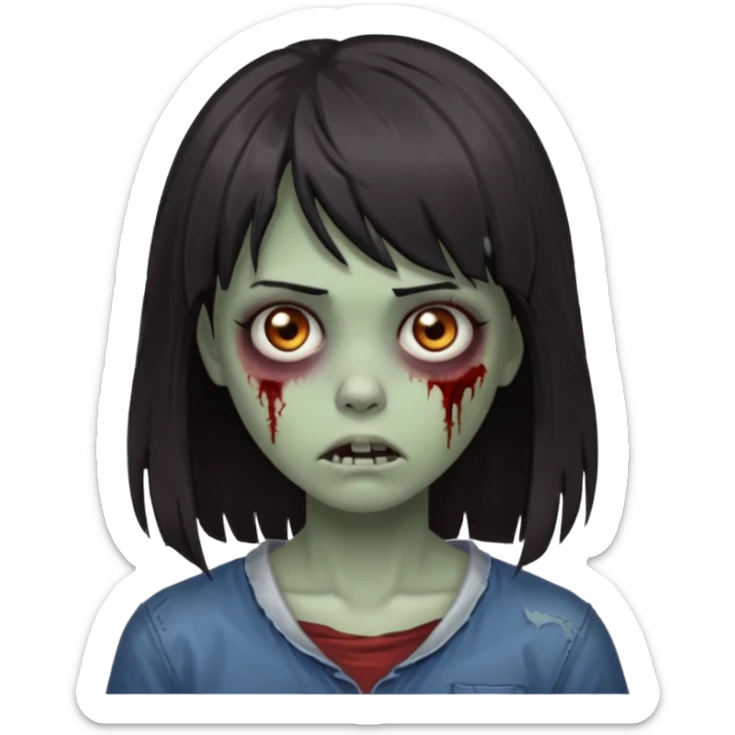  iPhone emoji is a zombie girl with dark hair long below her shoulders bangs and a ragged haircut gray eyes sticker