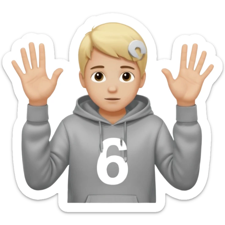 a white kid blone hair with a grey hoodie and his above his hands saying 67 one 6 on 1 hand 7 on the other sticker