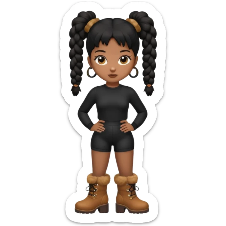 A brown skin girl thats slim and thick body with black hair into two puffy pigtails  and wears all black outfit with brown furry boots  sticker