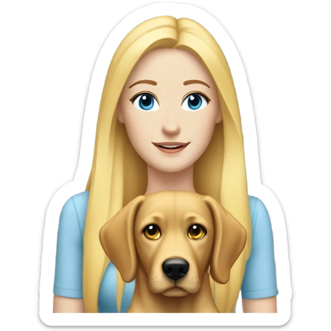 white woman with freckles, blue eyes and long blonde hair alongside a yellow-lab dog sticker
