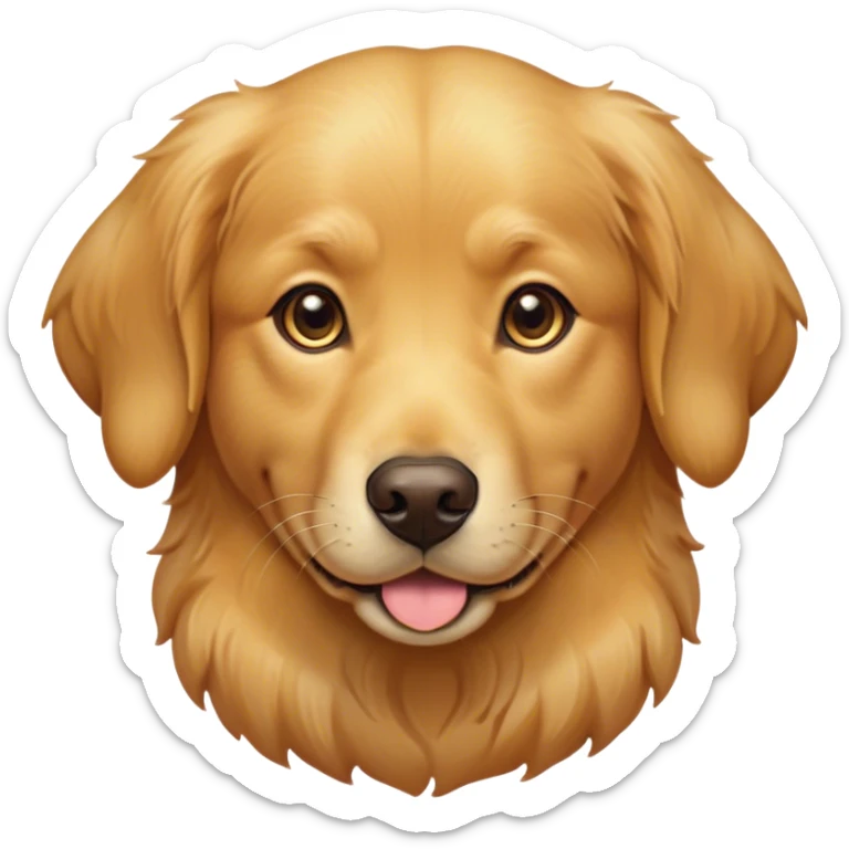 Cinematic Cute Golden Retriever Portrait Emoji, Head tilted playfully and inquisitively, showcasing a rich, glossy golden coat with a healthy sheen, round, sparkling brown eyes filled with curiosity, Simplified yet irresistibly adorable features, highly detailed, glowing with a warm, friendly glow, high shine, affectionate and lively, stylized with a touch of whimsy, bright and endearing, soft glowing outline, capturing the essence of a mischievous yet loving companion, so playful it feels like it could leap out of the screen and into your arms! sticker