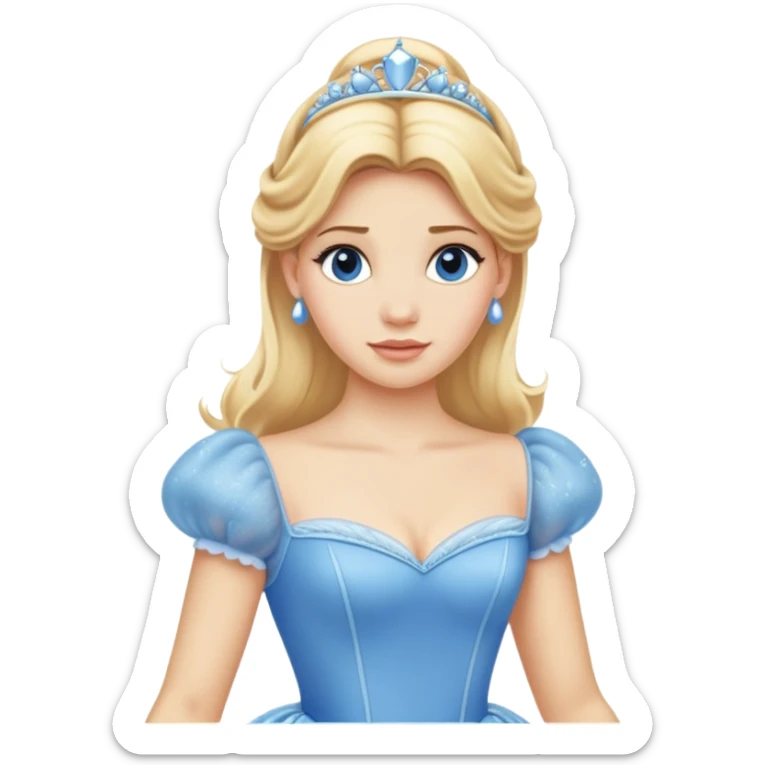 ultra simplified Cinderella, blue dress, blonde hair, very minimal details, slightly zoomed out to show more of dress sticker
