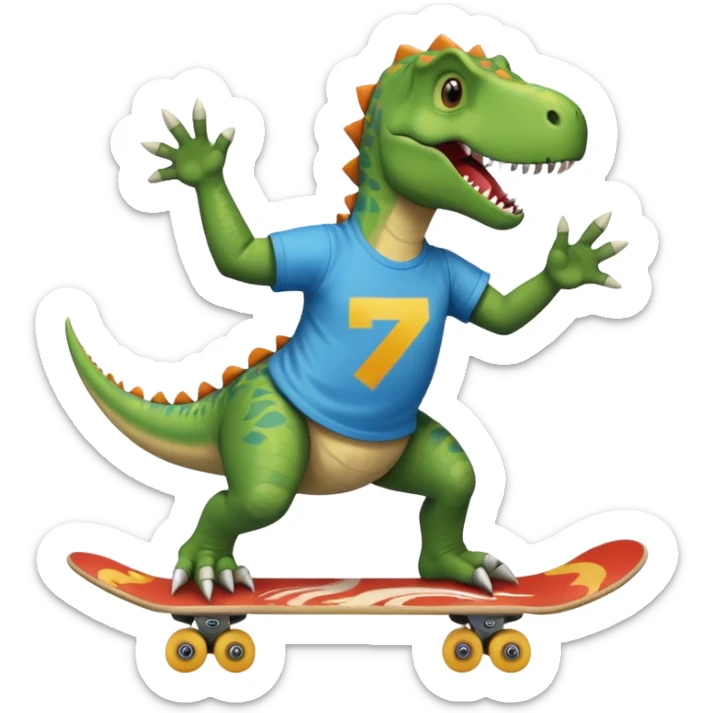 Dinosaur skateboarding at the skate park wearing a t-shirt and doing six seven and dancing sticker