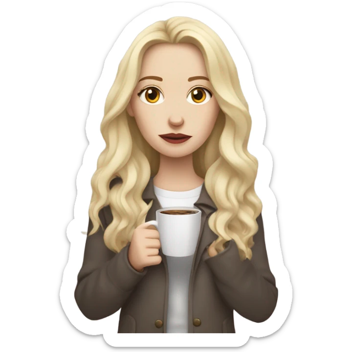 Woman, white skin, pale skin, long hair, blonde hair, wavy hair, bags under eyes, tired expression, holding cup of coffee sticker