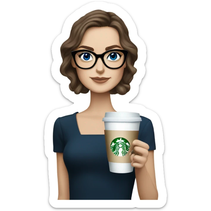 Photo of elegant Keira Knightly wearing black glasses and blue eyes holding Starbucks  sticker
