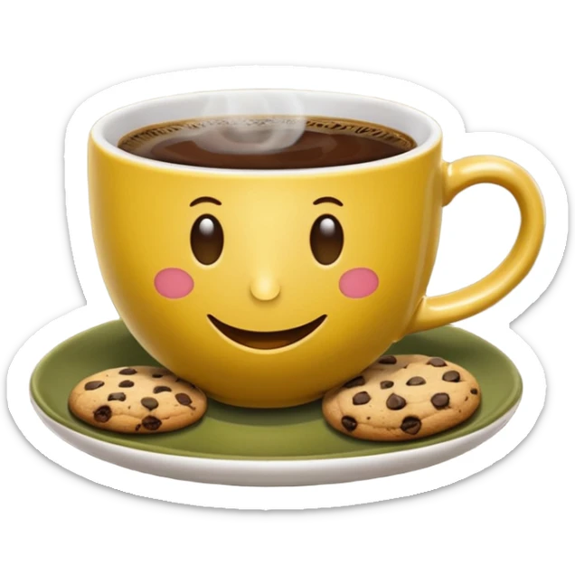 A cup of coffee, steaming, the smoke is heart-shaped, the cup is mustard yellow, the cup has a happy face printed on it, the cup sits on an olive green saucer, and there are cookies around the cup. sticker