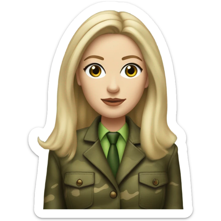Realistic White woman with Long straight blonde hair and green eyes, camouflage Wool oversize blazer, mini skirt and Brown heeled leather boots  sticker