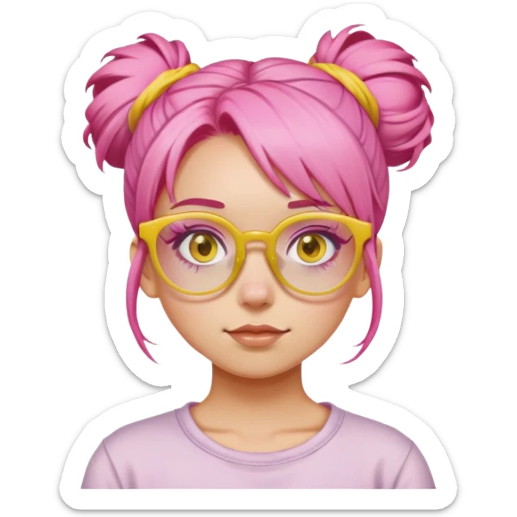 Girl with pink hair in a messy bun and yellow glasses sticker