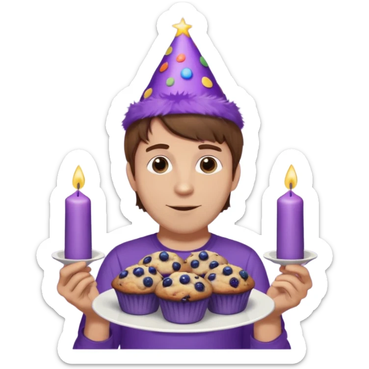 Man with brown hair wearing purple shirt and a party hat holding several blueberry muffins either candles in them  sticker