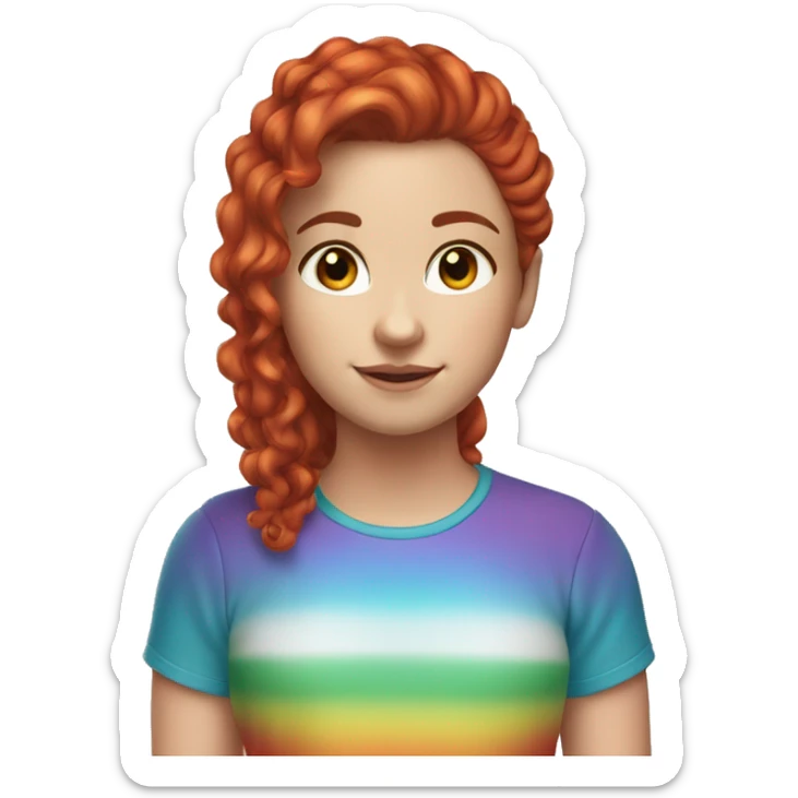 a white girl with long red curly hair in a pony tail with rainbow shirt sticker
