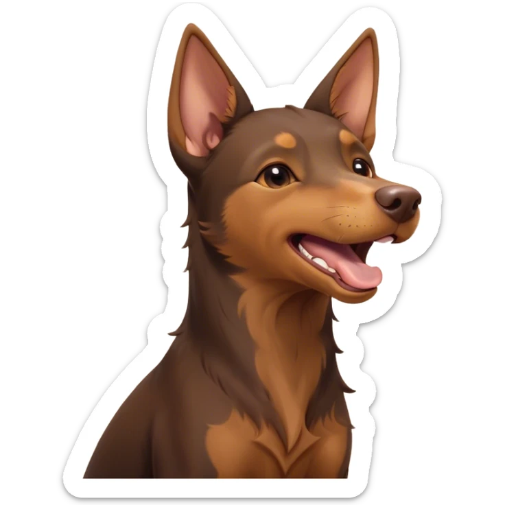 Cinematic Cute Yawning Brown and Tan Kelpie Portrait Emoji, Head tilted slightly with a dramatic, wide-open yawn, showcasing a smooth brown Fur with distinct tan highlights, floppy ears slightly drooping, round warm eyes barely open in drowsy contentment, Simplified yet irresistibly adorable features, highly detailed, glowing with a soft, cozy glow, high shine, relaxed yet expressive, stylized with a touch of whimsy, bright and endearing, soft glowing outline, capturing the essence of a sleepy yet affectionate herder, so drowsy it feels like it could stretch out of the screen and curl up for a nap! sticker