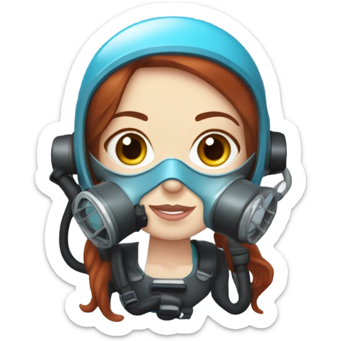 A young woman with red/ brown hair, blue eyes and pale skin with a scuba diving regulator in her mouth and a light blue scuba diving mask on  sticker