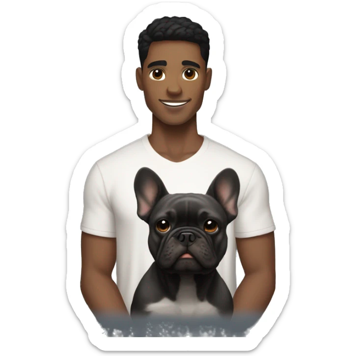 athletic light skin male with short black hair holding a brindle colored french bulldog sticker