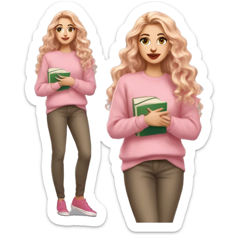 White girl pink sweater pink lipstick green eyes gold earrings pink nails reddish golden wavy long hair full body holding books sticker