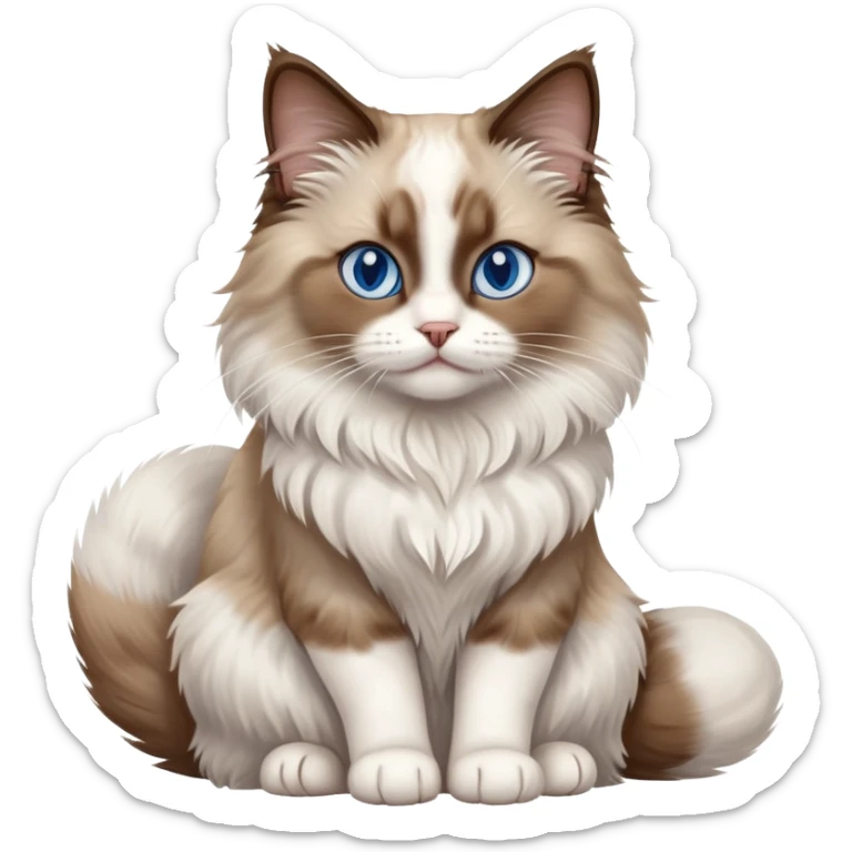 cinematic-[brown and white ragdoll cat]-realistic-full-body-sitting-emoji,-tail-curled-playfully-around-its-paws,-head-tilted-dramatically,-fluffy-[brown and white]-fur,-simplified-yet-realistic-focused-features,-highly-detailed,-glowing-with-an-almost-sarcastic-glow, with blue eyes sticker