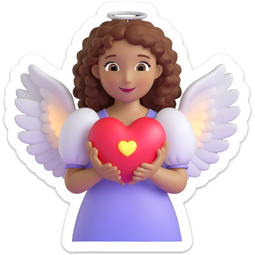 angel with curly hair holding a glowing heart, pastel colors, gentle smile, detailed wings, soft lighting sticker