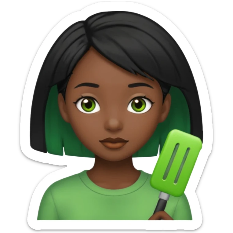 black girl with black hair and green color hairclip sticker