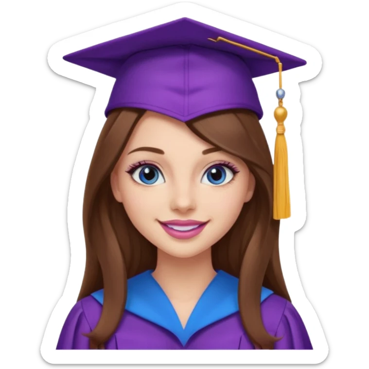 girl with gorgeous long brown hair, blue eyes, long lashes makeup, sexy pink lips, wearing a purple graduation cap and gown sticker