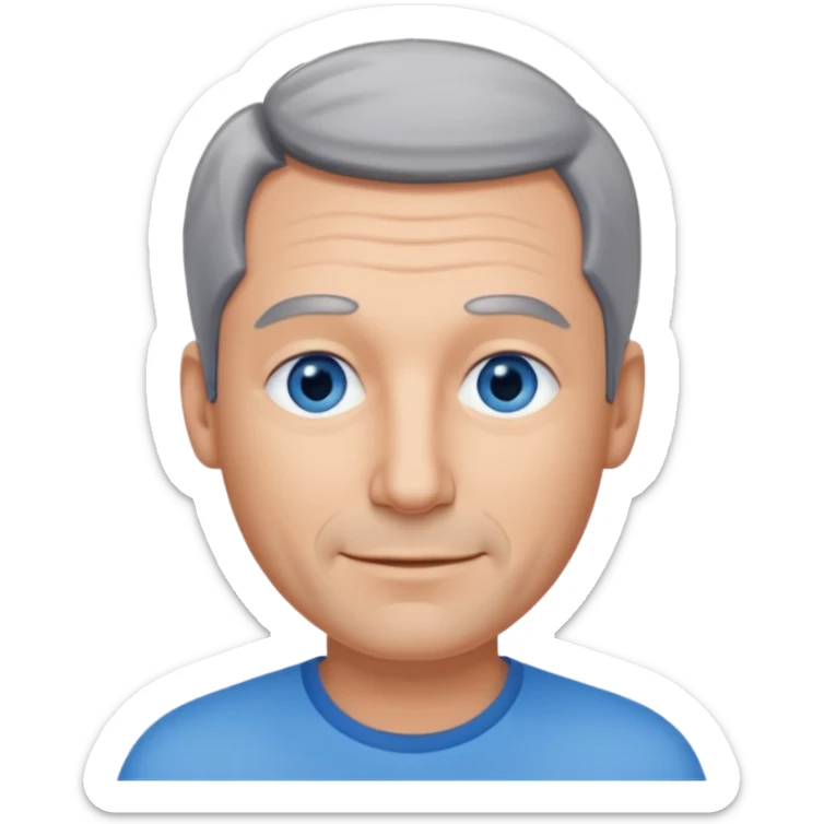 Middle aged man with receding grey and black hair and no beard, blue eyes, shy smile, tanned skin sticker