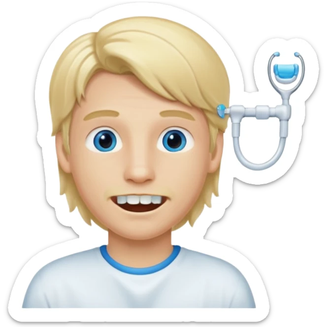 Blond boy with long hair in tail of low blue eyes and dental appliance sticker
