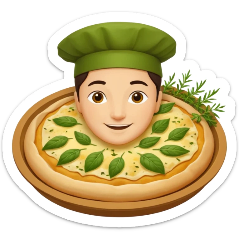 Georgian cuisine avatar in bright emoji-style illustration. Khachapuri and herbs, rich golden and green colors, simple shapes, flat design, strong character. sticker