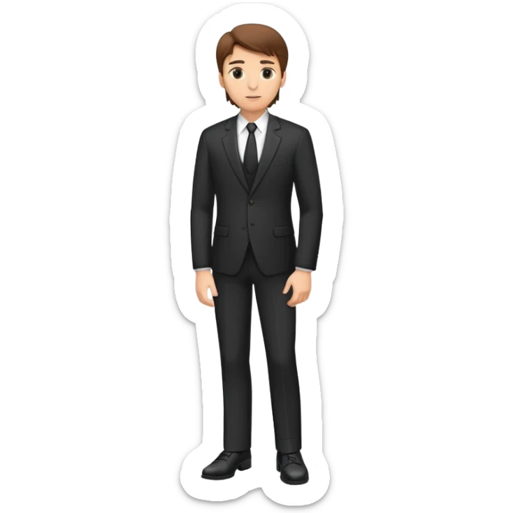 Caucasian male, brown hair, standing wearing dark suit and shoes, with hands on hips sticker