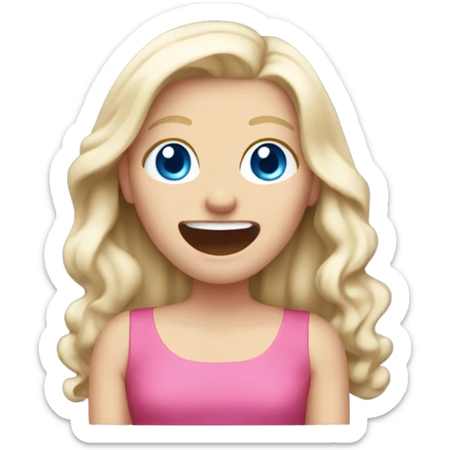 White girl. Long white blonde hair. Blue eyes. Pink dress. Hand in front of mouth laughing  sticker