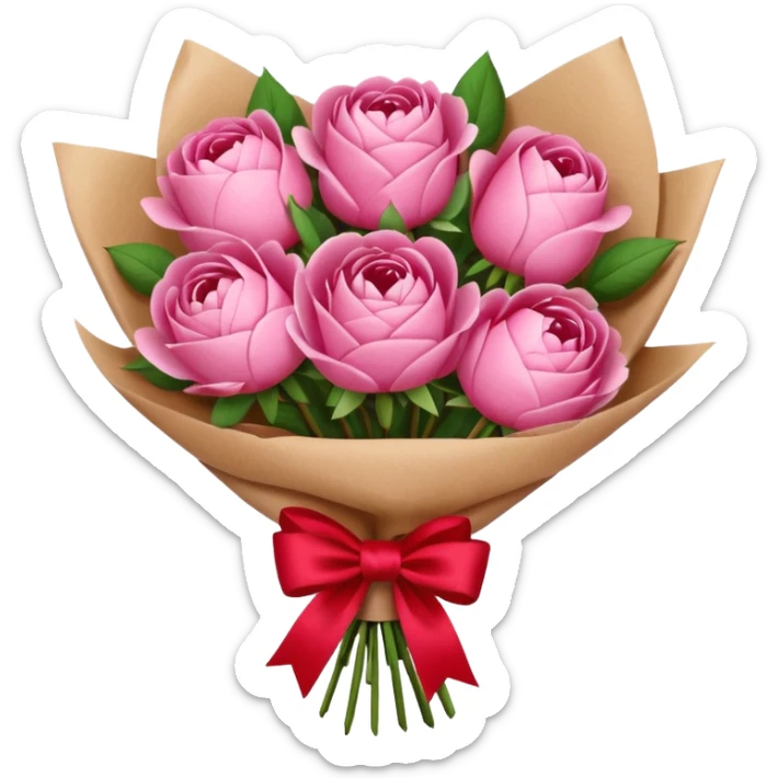 Bouquet of pink flower like rose and peony wrapped in kraft paper with red bow sticker