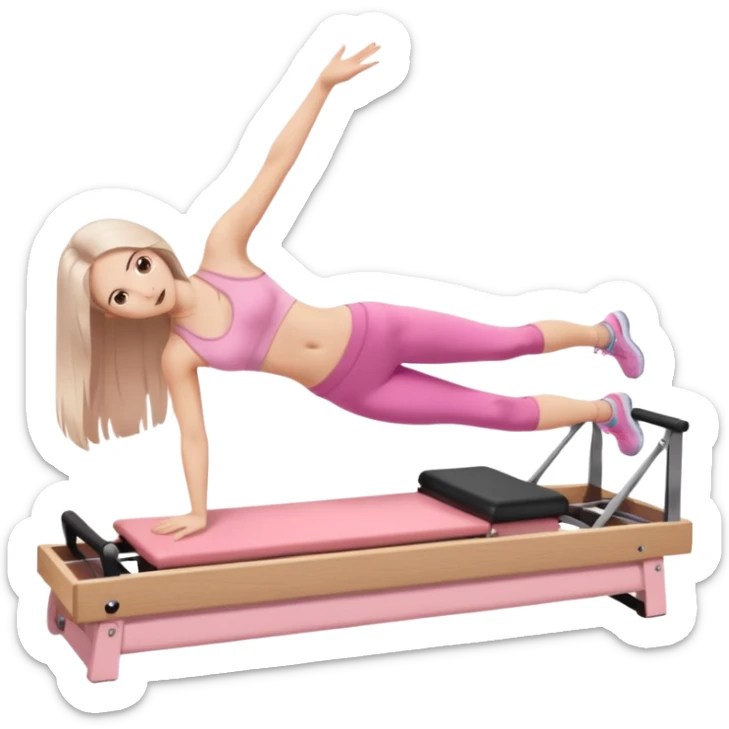 pretty white brunette teen long hair with hazel eyes and a small waist in light pink workout clothes in a plank on a pilates reformer sticker