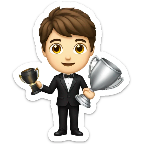 A young man with brown hair with a black suit holding a trophey, full body sticker