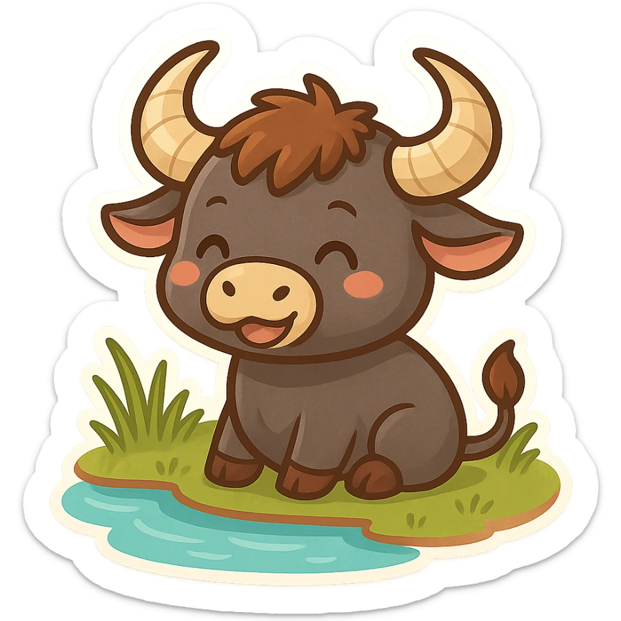 chibi cartoon sticker of a water buffalo (گامێش) by the water, cheerful and colorful style sticker