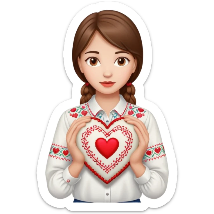 Beautiful young girl with brown hair in a white Ukrainian embroidered shirt holding a large embroidered heart sticker