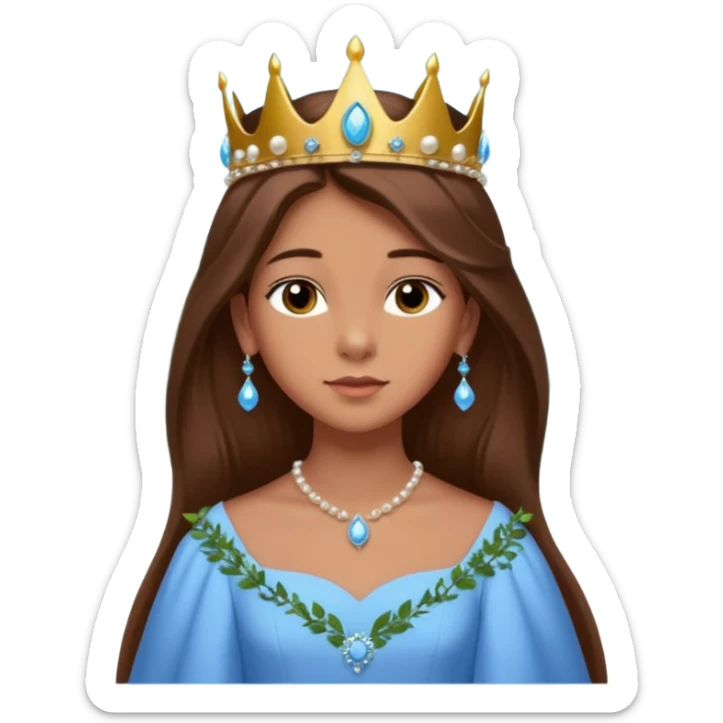 a 12 year old girl with shinny long brown hair and pretty green eyes that have long dark eye lashes wearing a sky blue gown in a beautiful forest with adorable animals and stunning roses and lilacs surrounding her as she smells the only sky blue rose she is also wearing a crown that has pearls sticker