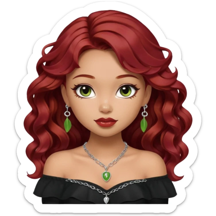 a pretty fair bratz girl with wavy dark red hair, wearing a black off shoulder top . silver dainty layered necklaces, carrying a matcha sticker
