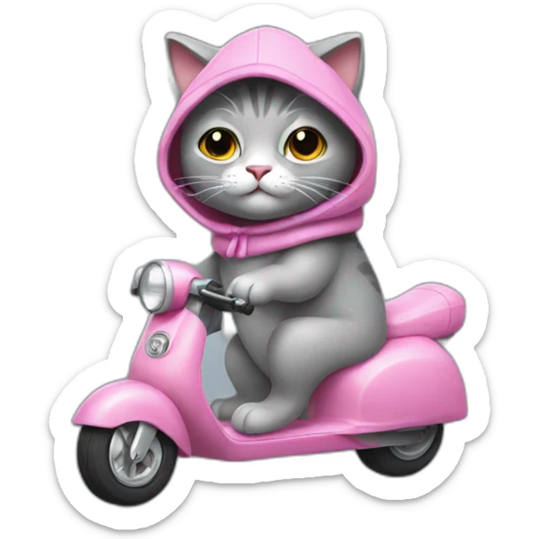 A gray stuffed cat. This cat is wearing a sleeveless sweater with a pink hood. He rides a scooter. sticker