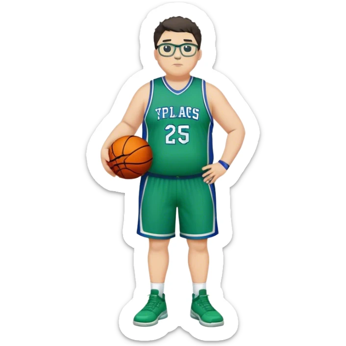 Full Body overweight white male with dark short spike hair basketball player wearing glasses wearing blue and green uniform sticker