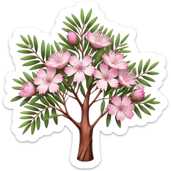 Cinematic Realistic Melaleuca Emoji, Elegant and resilient, with peeling, papery bark and delicate, needle-like leaves. The tree stands tall and graceful, with clusters of white and pink flowers dotting the branches. Soft glowing outline, capturing the essence of natural elegance and resilience in a beautiful melaleuca tree! sticker