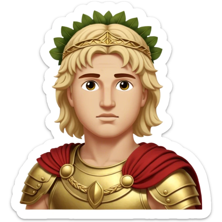 Cinematic Realistic portrait of Alexander the Great, depicted with photorealistic detail as a commanding historical conqueror, featuring sharp, lifelike facial features, meticulously rendered ancient Macedonian armor, and a laurel wreath, illuminated by natural, dramatic lighting that highlights his youthful determination and legendary presence. sticker