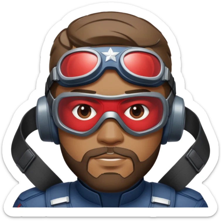 sam wilson with a very short hair close to the scalp and  a well-groomed beard that connects to his mustache,  wear sleek, red-tinted tactical goggles fit snugly from captain america: civil war sticker