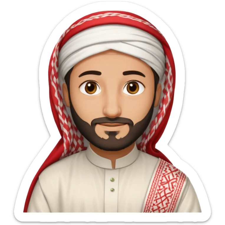 detailed iPhone-style emoji of a Saudi man resembling Crown Prince Mohammed bin Salman, soft round cartoon face, short beard, gentle brown eyes, calm confident smile, wearing traditional white thobe, red-and-white shemagh with black agal, both hands gently visible sticker