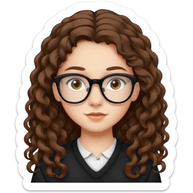 white teen girl with long brown curls, hazel eyes, and black frame glasses sticker