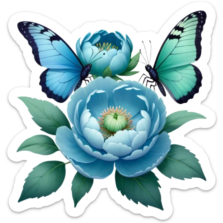 A soft pastel-toned painting of blue peonies and a green butterfly, inspired by vintage floral art. sticker