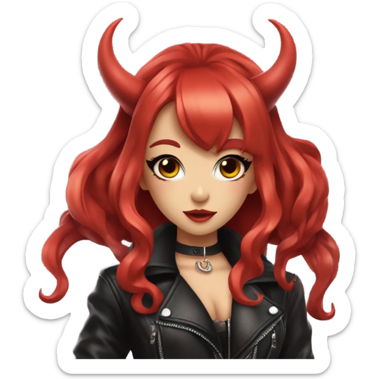 demon hime gyaru girl, red hair, devil horns, leather coat sticker