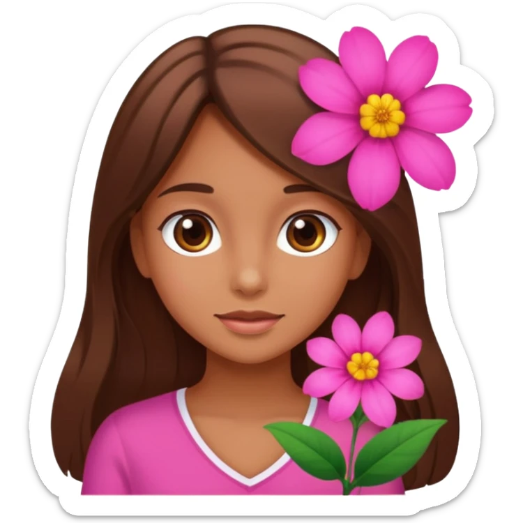 A tanned girl's face waved long brown hair with pink flower sticker