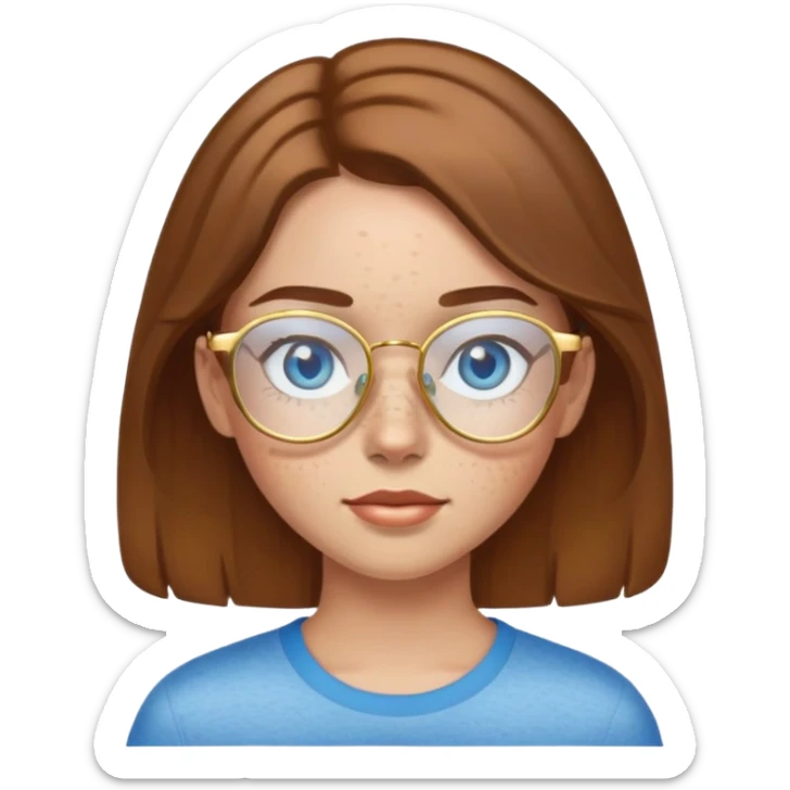 Girl with light skin, brown hair, blue eyes, freckles, and gold glasses sticker