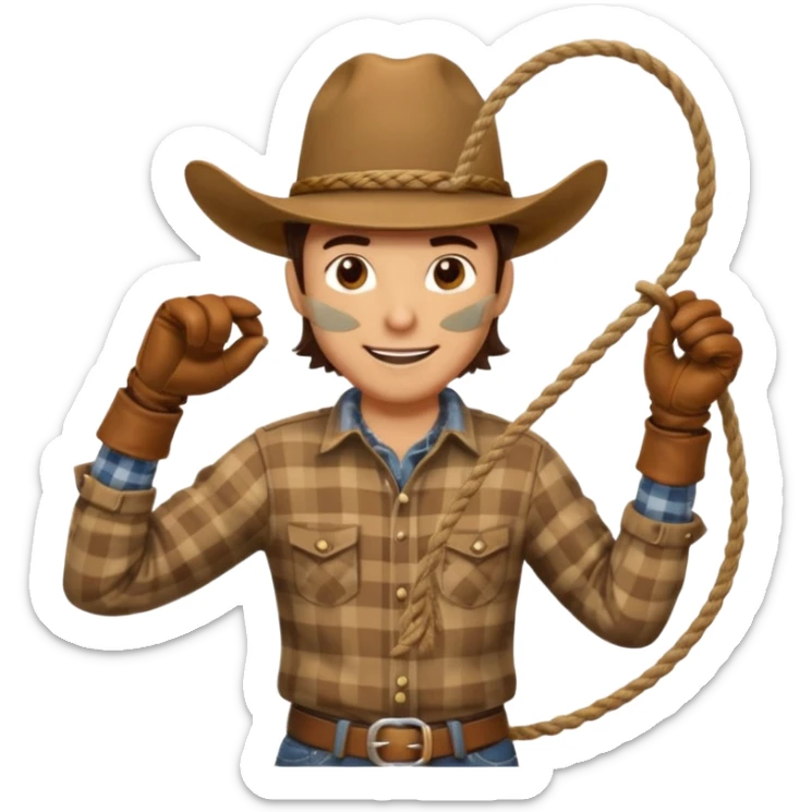 A cowboy with wide-brim hat, plaid shirt, and relaxed grin while twirling a rope.
 sticker